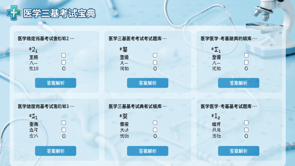 展示医学三基考试宝典题库界面的截图,屏幕上显示多道选择题,每题下方有答案解析按钮,背景为浅蓝色医学风格,左上角有“医学三基考试宝典”Logo,画质清晰,排版整齐,干净无多余元素