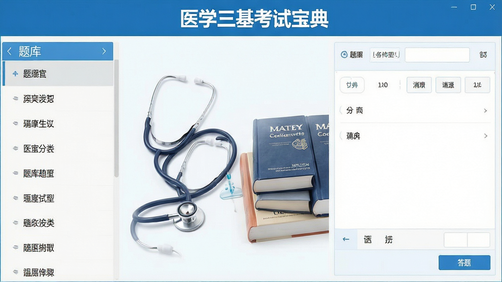 一张展示医学三基考试宝典软件主界面的高清截图,界面整洁,左侧为题库分类列表,右侧为答题区域,顶部显示“医学三基考试宝典”字样和蓝色主题色,配以听诊器、医学书籍等元素,整体风格专业、清晰,画质干净,无多余元素