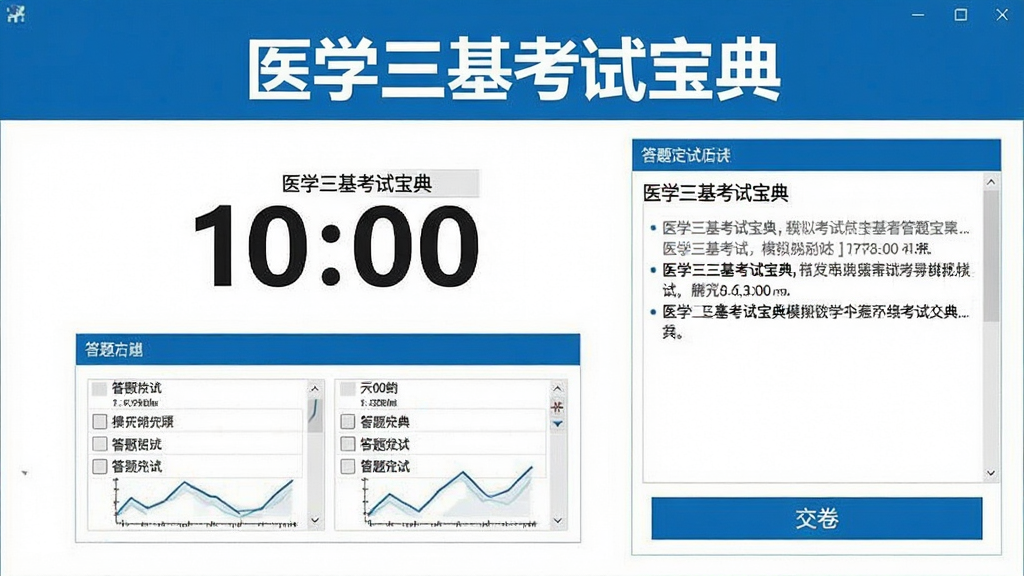 展示医学三基考试宝典模拟考试界面的截图,屏幕中央显示倒计时和答题卡,右侧为题目区,下方有“交卷”按钮,整体风格严肃专业,背景为白色和蓝色,包含“医学三基考试宝典”字样,画质干净,无多余元素