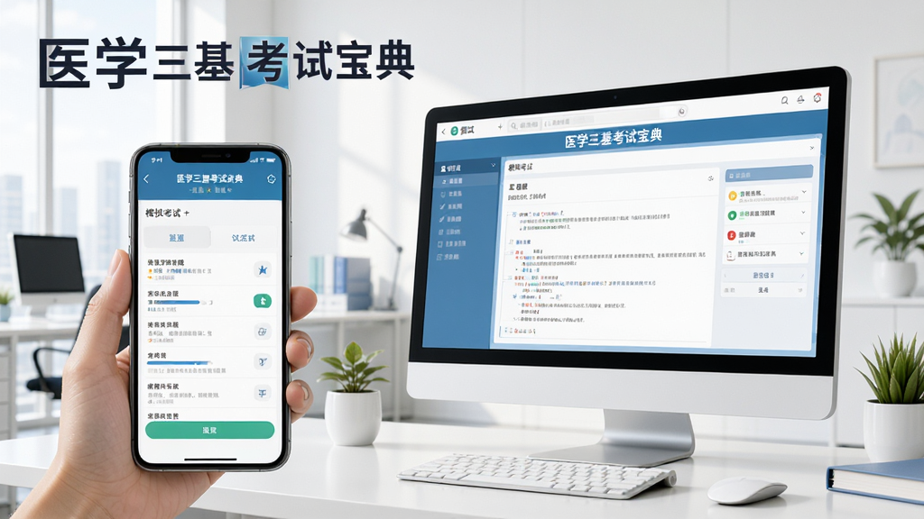 展示医学三基考试宝典在手机和电脑上同步使用的场景,手机屏幕显示刷题界面,电脑屏幕显示模拟考试界面,背景为现代办公室,整体风格明亮,画面干净,包含“医学三基考试宝典”字样,画质高清