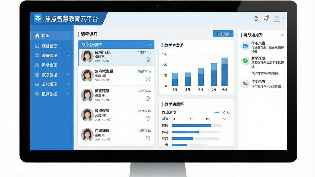 一张展示焦点智慧教育云平台主界面的电脑截图,界面左侧为功能导航栏,中央显示课程列表与教学进度图表,右侧为消息通知栏,整体采用蓝白配色,布局清晰,排版整齐,扁平化设计风格,细节包括教师头像、班级名称、作业提醒图标,画质高清,干净无多余元素。