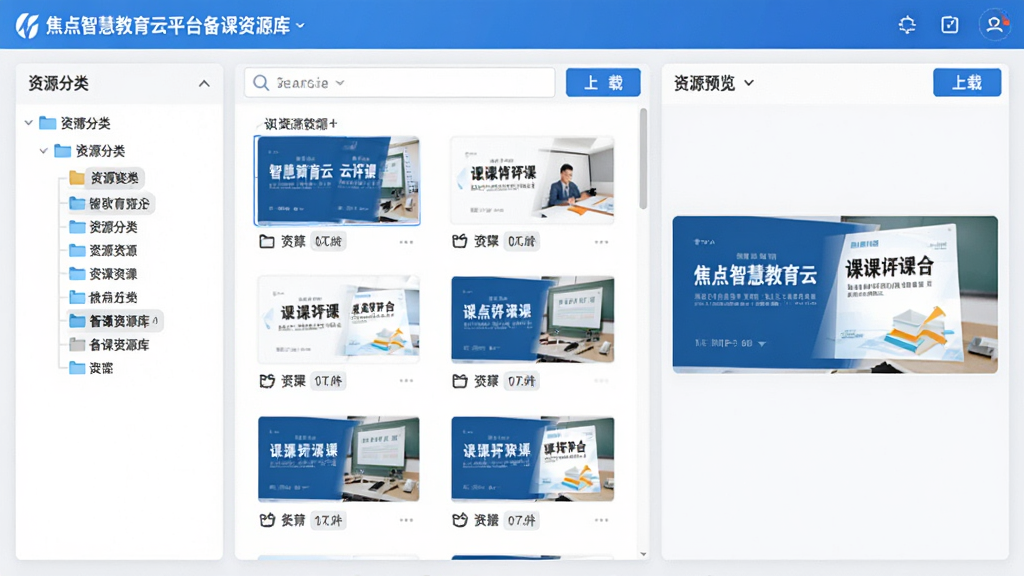 展示焦点智慧教育云平台备课资源库界面,左侧为资源分类树,中间显示课件缩略图列表,右侧为资源预览窗口,背景为浅灰色,界面以蓝色和白色为主色调,风格简洁明快,排版整齐,细节包括文件夹标签、搜索框、下载按钮,画质清晰,无多余元素。