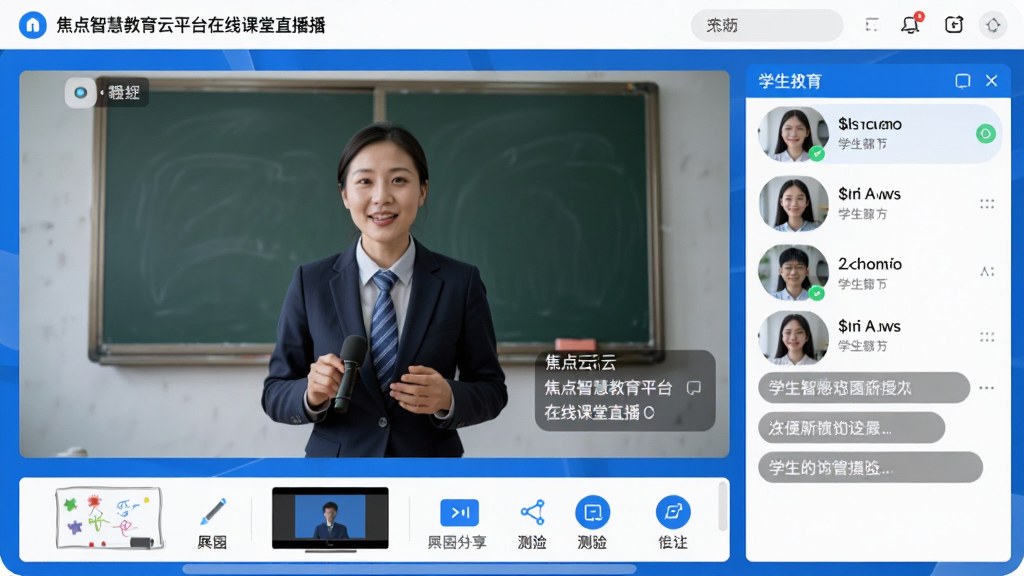 展示焦点智慧教育云平台在线课堂直播画面,屏幕中央为教师授课视频窗口,右侧为学生列表与聊天区,下方为工具栏,包含白板、屏幕共享、测验等按钮,界面采用蓝白配色,布局清晰,排版规范,风格现代,细节包括摄像头画面、学生头像、消息弹幕,画质高清,干净无多余元素。