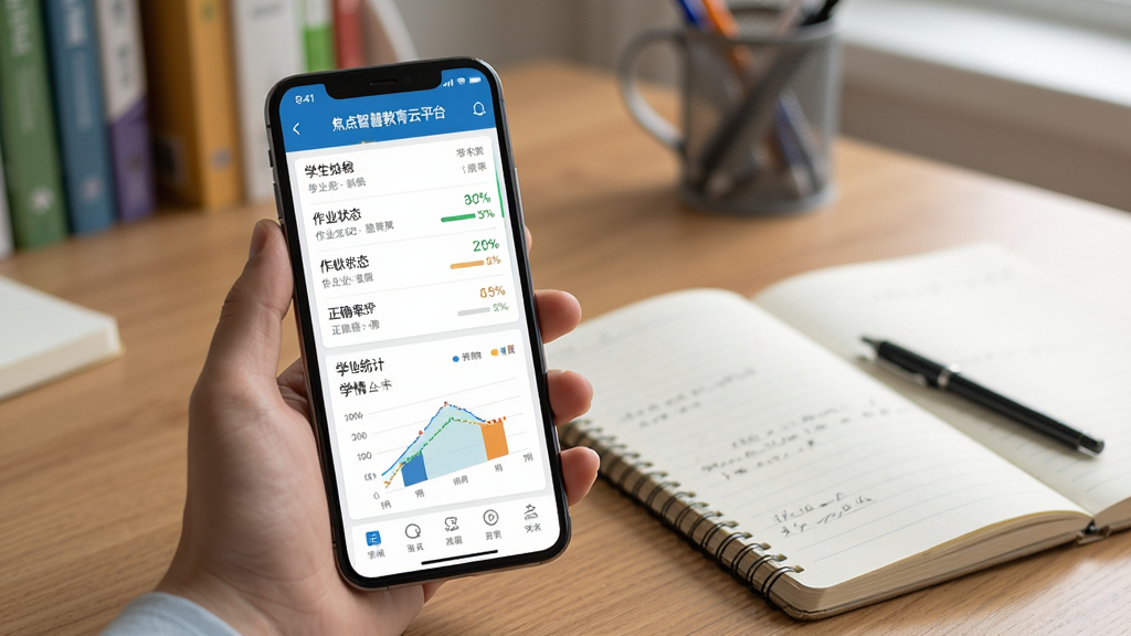 展示焦点智慧教育云平台在手机上的使用场景,屏幕显示作业列表与学情统计图表,背景为书桌与笔记本,手机界面清晰可见,风格写实,布局合理,细节包括学生姓名、作业状态、正确率百分比,画质高清,无多余元素。