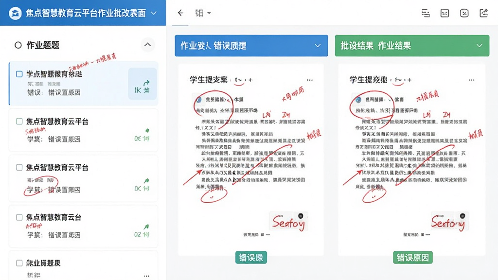 展示焦点智慧教育云平台作业批改界面,左侧为作业题目列表,右侧为学生提交的答案图片与批改结果,背景为白色,界面以蓝色和绿色为主色调,风格简约,布局清晰,细节包括批注红笔痕迹、得分标识、错误原因标签,画质干净,无多余元素。