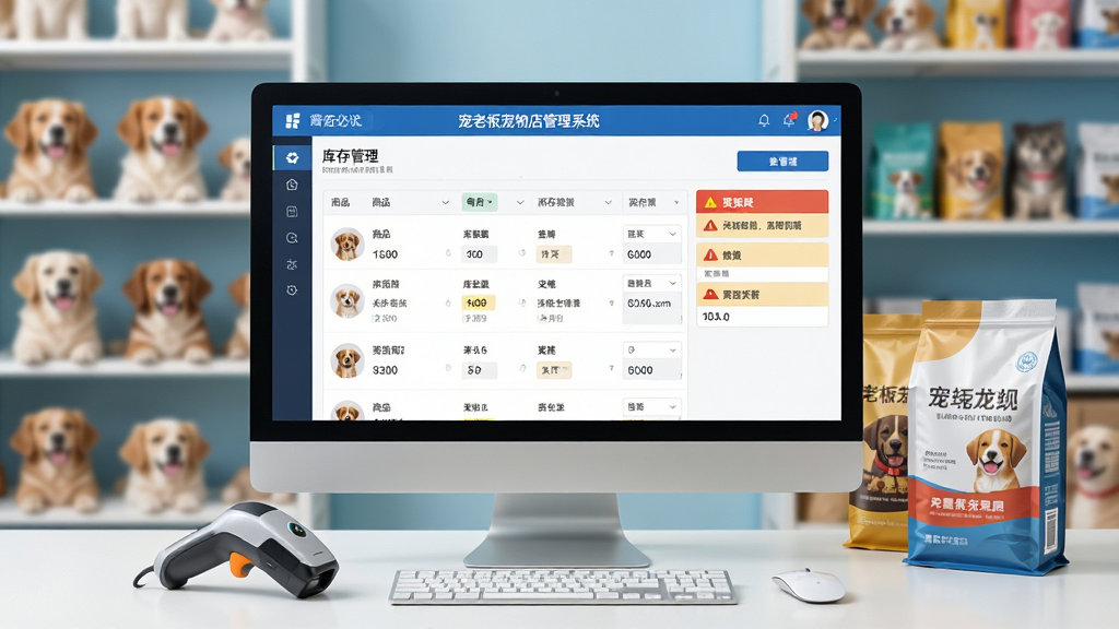 电脑屏幕展示“宠老板宠物店管理系统”的库存管理界面,显示商品列表、库存数量和预警提示,桌面上有扫码枪和宠物粮样品,背景为宠物店货架,清晰明亮,商业摄影风格,画质细腻,无多余元素