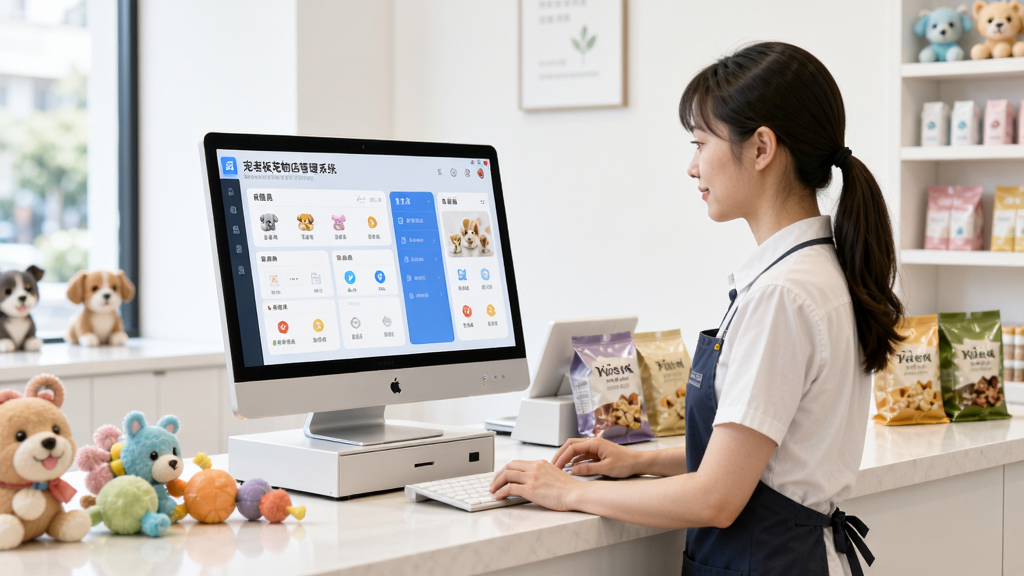 宠物店前台收银场景,一位店员正在使用电脑上的“宠老板宠物店管理系统”进行操作,屏幕显示销售与会员界面,柜台有宠物玩具和零食,整体明亮整洁,现代简约风格,高清画质,细节丰富,干净无多余元素