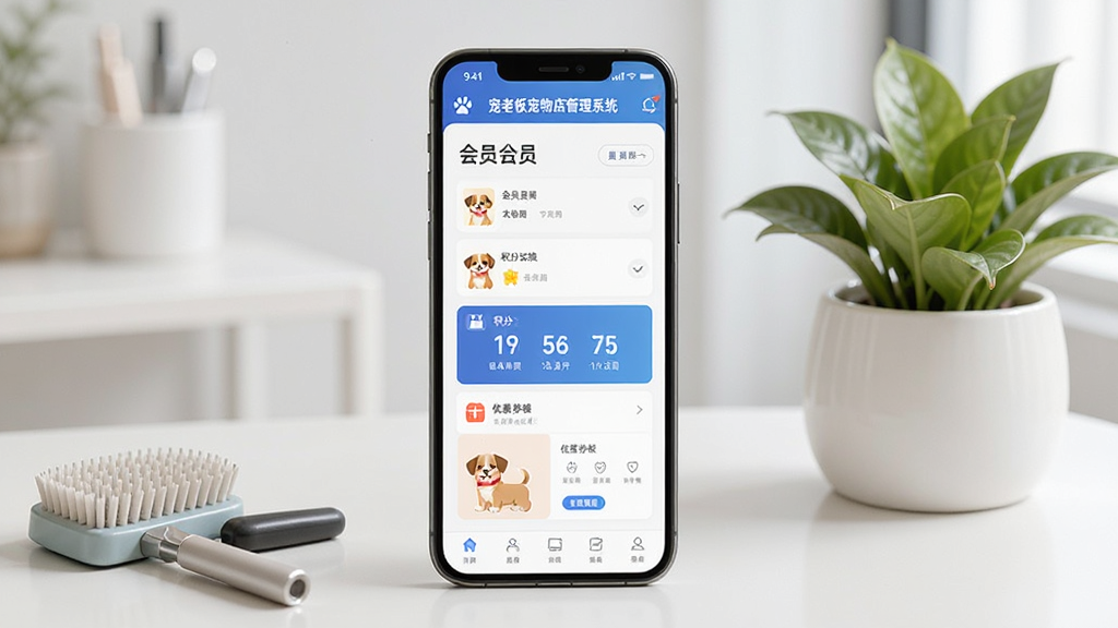 手机屏幕展示“宠老板宠物店管理系统”的会员营销界面,包含会员列表、积分兑换和优惠券模板,手机旁有宠物美容工具和绿色植物,背景柔和,现代感强,高清画质,干净整洁