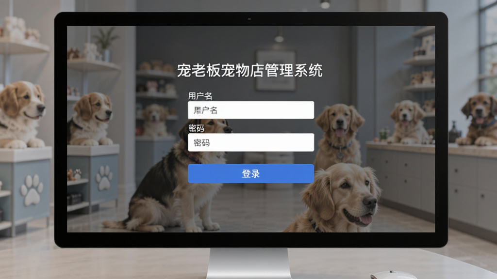 电脑端“宠老板宠物店管理系统”的登录界面,背景为宠物店实景,界面简洁大方,有用户名和密码输入框,下方有“登录”按钮,整体风格商务科技感,高清画质,无多余元素