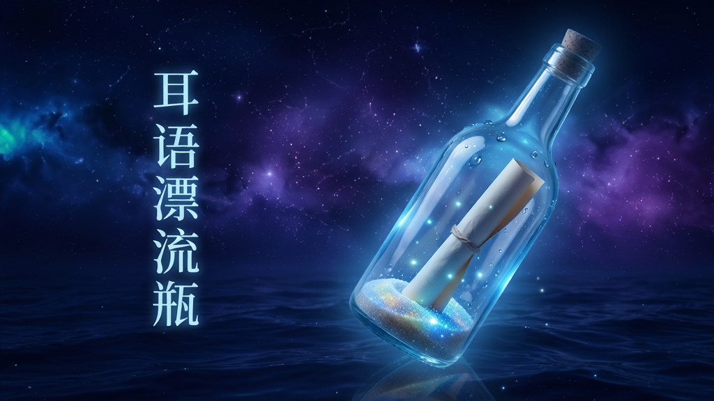 画面主体为一只发着柔和蓝光的玻璃漂流瓶,漂浮在深邃的星空海洋中,瓶内装有细腻发光的沙粒和一张卷起的信纸。布局上,漂流瓶位于画面中央偏右,左侧留白区域以微光字体竖排写着“耳语漂流瓶”五个字。排版采用居中对称构图,背景是渐变的深蓝与紫色星云。整体风格唯美、梦幻且治愈,细节上瓶身有细腻的水珠和光影反射,画质为8K超清,干净无多余元素。