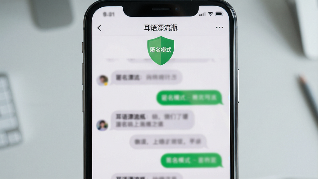 图片主体是一部智能手机屏幕特写,屏幕上显示“耳语漂流瓶”APP的匿名聊天界面,对话气泡模糊处理,界面顶部有明显“匿名模式”绿色盾牌标识。布局为手机居中,背景是干净整洁的浅灰色桌面。排版采用平视视角,风格写实且干净,细节上手机屏幕反射出微弱的环境光,画质高清,无多余元素。
