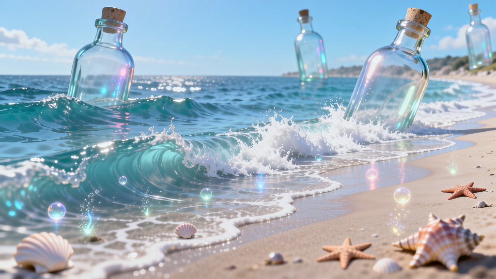 主体为一片动态的梦幻海岸线,海浪拍打着沙滩,天空中漂浮着巨大的半透明玻璃瓶。布局采用三分法构图,海平面位于画面上方三分之一处。排版风格为治愈系插画风,色彩明亮柔和,细节上沙滩上有零星的贝壳和海星,并有微光粒子升腾,画质为4K超清,画面干净无多余元素。