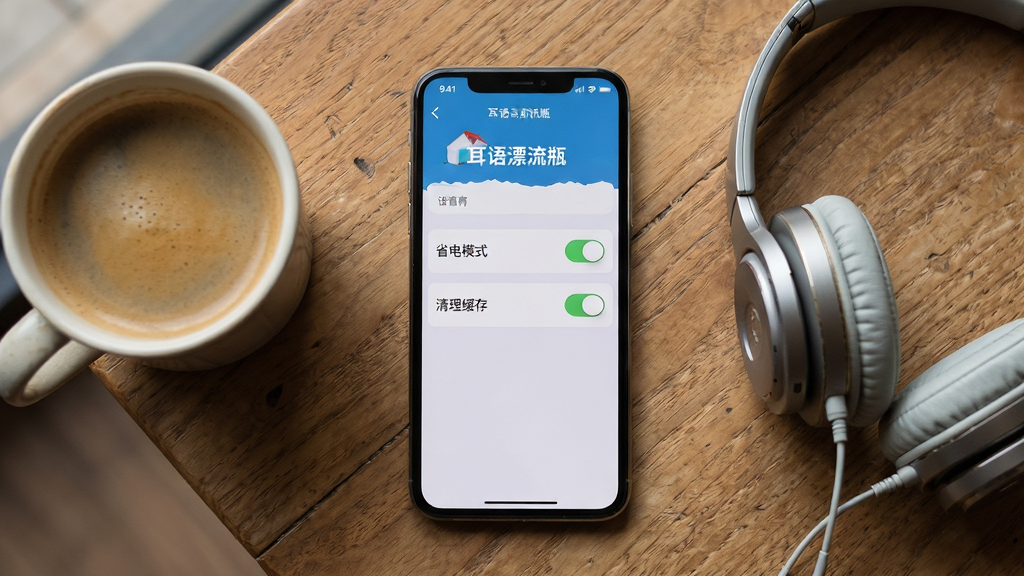 主体为一部正在运行“耳语漂流瓶”应用的手机,屏幕显示设置界面,界面上有“省电模式”和“清理缓存”的开关滑块。手机旁边摆放着一杯咖啡和一副耳机。布局为俯拍视角,手机居中,背景为木质桌面。排版风格为写实生活风,光线柔和,细节上屏幕内容清晰可辨,画质高清,无多余元素。