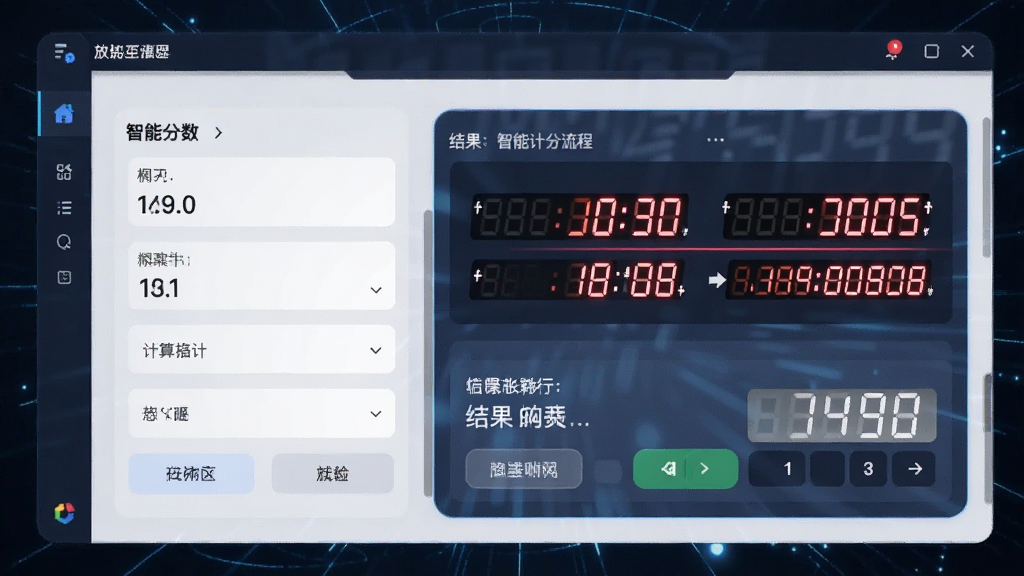 一张放炮罚计算器智能计分过程的动态预览图,主体为软件计算分数的界面,布局包含输入区、结果展示区,排版直观,风格科技感,细节显示数字快速跳动后定格,画质流畅清晰,无多余元素