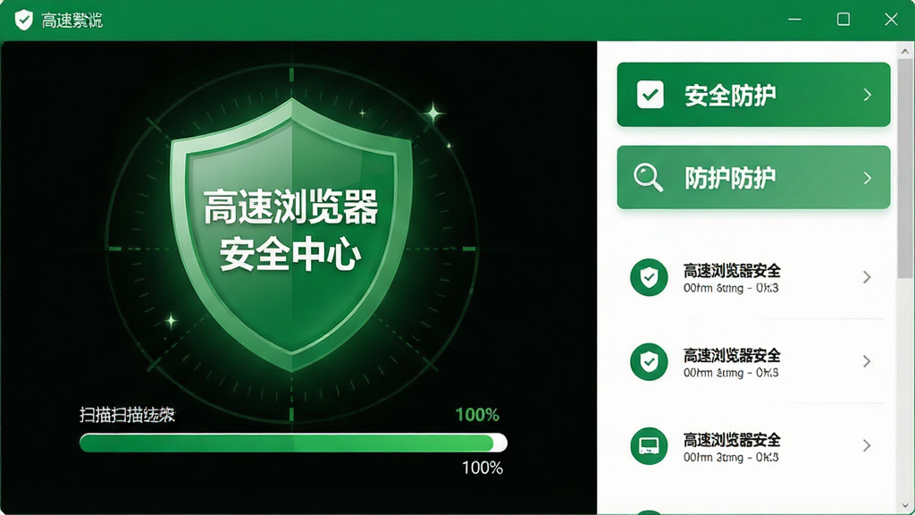 主体:高速浏览器的安全防护界面,显示绿色盾牌图标。布局:界面中央为安全扫描结果,右侧为防护选项列表。排版:信息层级分明,图标与文字结合。风格:清爽简洁,绿色与白色为主。细节:盾牌上写有“高速浏览器安全中心”,扫描进度条为100%。画质:清晰锐利,背景干净。