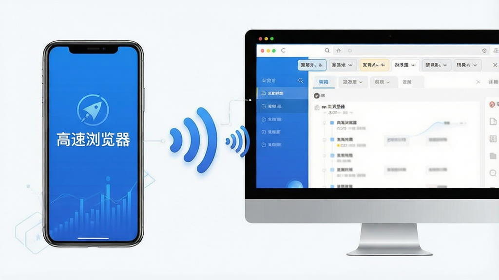 主体:手机与电脑并排显示高速浏览器的界面,中间有数据同步的图形。布局:左侧为手机竖屏,右侧为电脑横屏。排版:两者之间用无线信号图标连接。风格:简约商务风,蓝白配色。细节:手机屏幕上有“高速浏览器”字样,电脑屏幕显示标签分组。画质:高清,干净整洁。