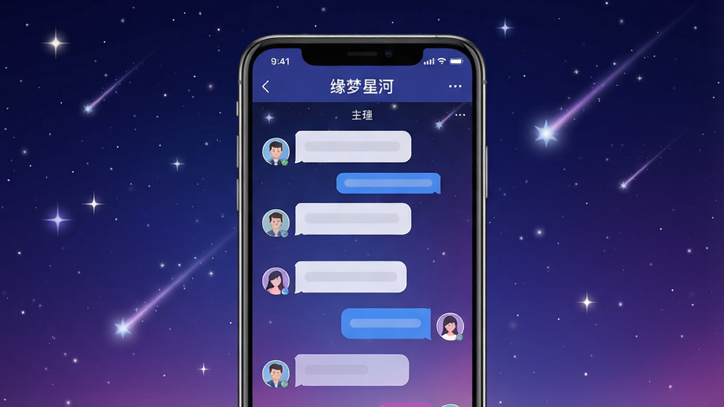 一张展示缘梦星河手机应用界面的高清图片,画面中央是一部亮屏的智能手机,屏幕中显示缘梦星河的聊天主界面,背景是深邃的星空渐变,点缀着闪烁的星星与流星,界面布局简洁,顶部有“缘梦星河”字样,下方是几个对话气泡和用户头像,整体色调以蓝紫色为主,科技感与浪漫感并存,画质干净,无多余元素。
