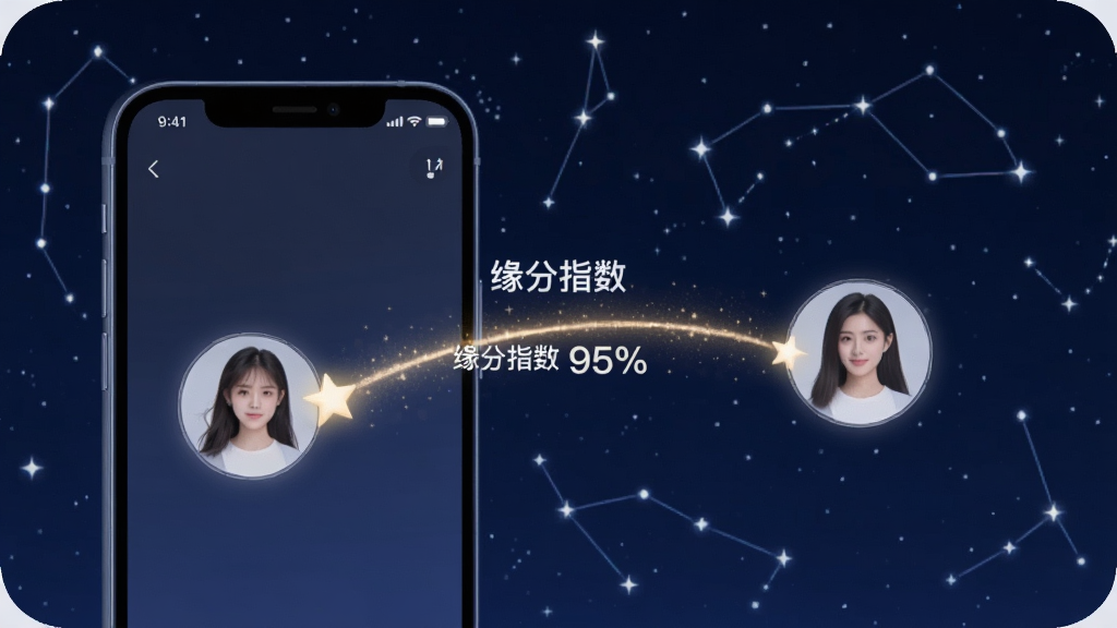 一幅展示缘梦星河智能匹配功能的示意图,画面左侧是一个手机屏幕,屏幕中显示两个用户头像被一条发光的星轨连接,中间有“缘分指数 95%”的文字标注,背景是深蓝色星空,点缀着星座线条和星星,整体风格简洁科技,突出匹配算法的精准与浪漫,画质干净。