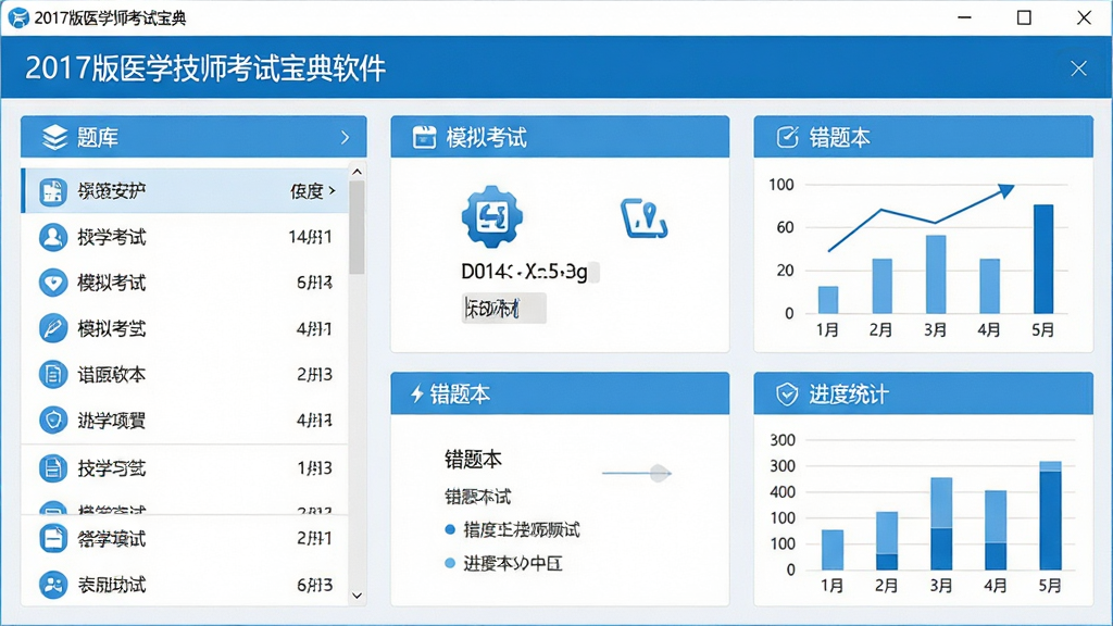 一张展示2017版医学技师考试宝典软件主界面的高清截图,界面包含题库列表、模拟考试、错题本、进度统计等模块,整体风格简洁明亮,以蓝色和白色为主色调,图标清晰,布局合理,画质干净,无多余元素