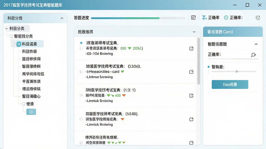 2017版医学技师考试宝典智能题库界面预览,左侧为科目分类树,右侧为题目列表与答题卡,顶部显示答题进度和正确率,界面采用卡片式设计,配色清新,文字清晰,画质干净,无多余元素