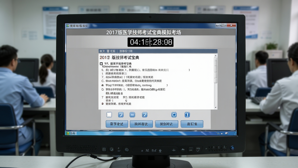 2017版医学技师考试宝典模拟考场界面,电脑屏幕显示考试计时器、题目区和选项按钮,背景为严肃的考试环境,界面风格正式,色彩以灰色和蓝色为主,画质干净,无多余元素