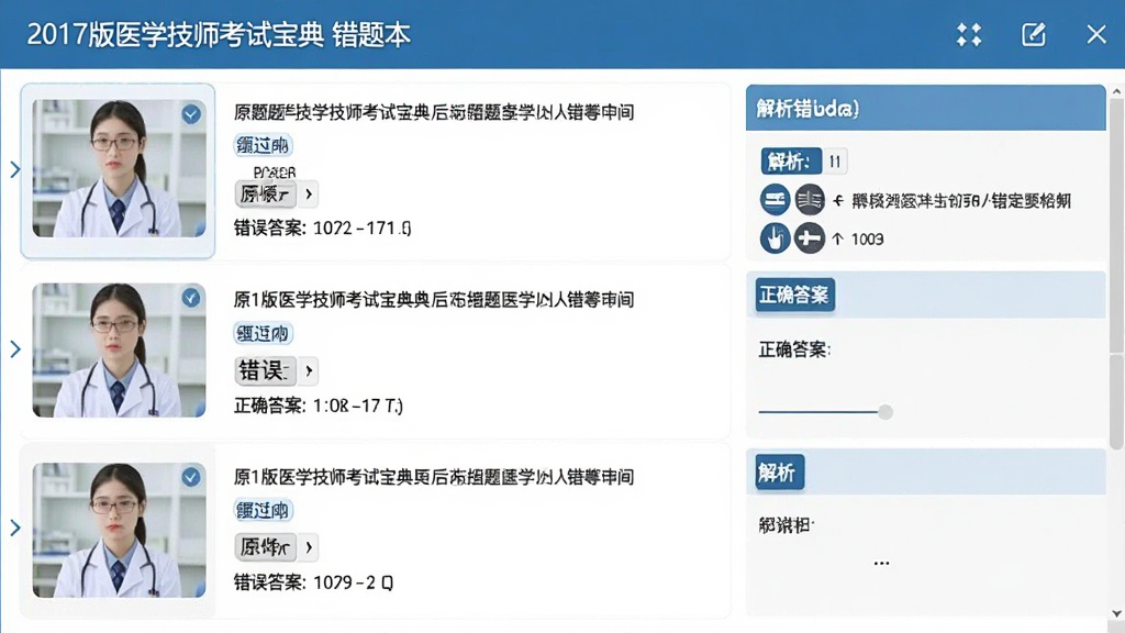 2017版医学技师考试宝典错题本界面,显示错题列表,每条错题包含原题、错误答案、正确答案和解析,界面采用列表布局,左侧为题目缩略图,右侧为解析区域,配色简洁,画质干净,无多余元素