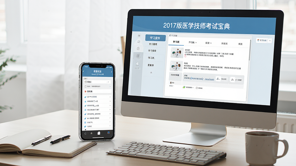 一张展示2017版医学技师考试宝典在手机和电脑上同步使用的场景图,手机横屏显示答题界面,电脑屏幕显示学习报告,周围有笔记本和咖啡杯,风格写实,光线柔和,画质干净,无多余元素
