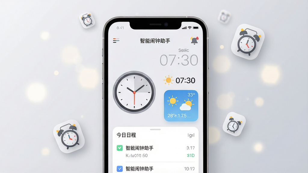 主体为一部智能手机屏幕特写,屏幕中央显示智能闹钟助手的主界面,界面有圆形时钟、天气小部件和今日日程列表;布局为手机居中,背景为浅灰色渐变,周围点缀柔和的光斑和浮动的闹钟图标;排版简洁,手机屏幕内容清晰可见;风格为现代扁平化结合轻微拟物阴影;细节包括屏幕上的文字“智能闹钟助手”和时间“07:30”,闹钟图标带有小铃铛;画质为8K超清,干净整洁,无多余元素。