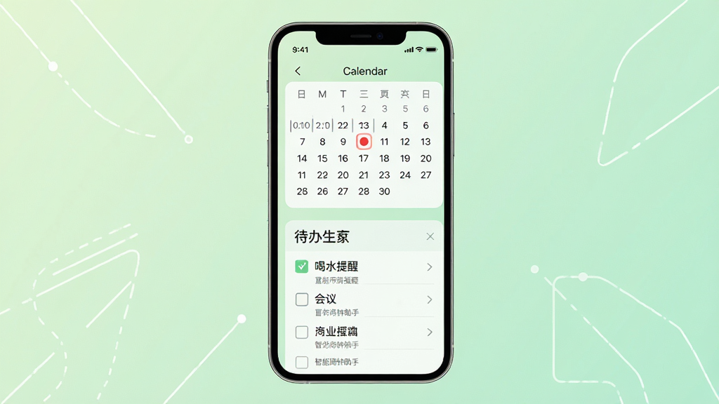 主体为智能闹钟助手的日程管理页面,屏幕上方是日历视图,下方是待办列表,有“喝水提醒”、“会议”等条目;布局为手机界面居中展示,背景为淡绿色渐变,有简洁的线条装饰;排版清晰,时间轴与列表结合;风格为商务简约;细节包括日历上的红点标记、待办事项前的复选框和“智能闹钟助手”字样;画质为超清,干净整洁,无多余元素。