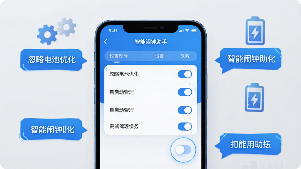主体为一部手机展示智能闹钟助手的设置页面,屏幕上有“忽略电池优化”、“自启动管理”等选项,背景为浅灰色,有齿轮和电池图标;布局为手机居中,周围有简洁的说明文字气泡;风格为科技感,蓝色调;细节包括屏幕上的开关按钮和文字“智能闹钟助手”;画质为高清,干净无多余元素。