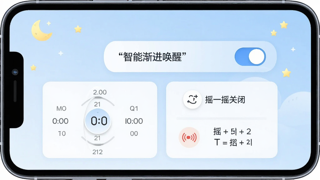 主体为智能闹钟助手的贪睡设置界面,屏幕上显示“智能渐进唤醒”开关和“摇一摇关闭”选项;布局为手机界面居中,背景为淡蓝色渐变,点缀睡眠相关的月亮和星星图标;排版简洁清晰,功能选项以卡片形式排列;风格为清新简约;细节包括时间选择滚轮、震动图标和数学题示例;画质为高清干净,无多余元素。
