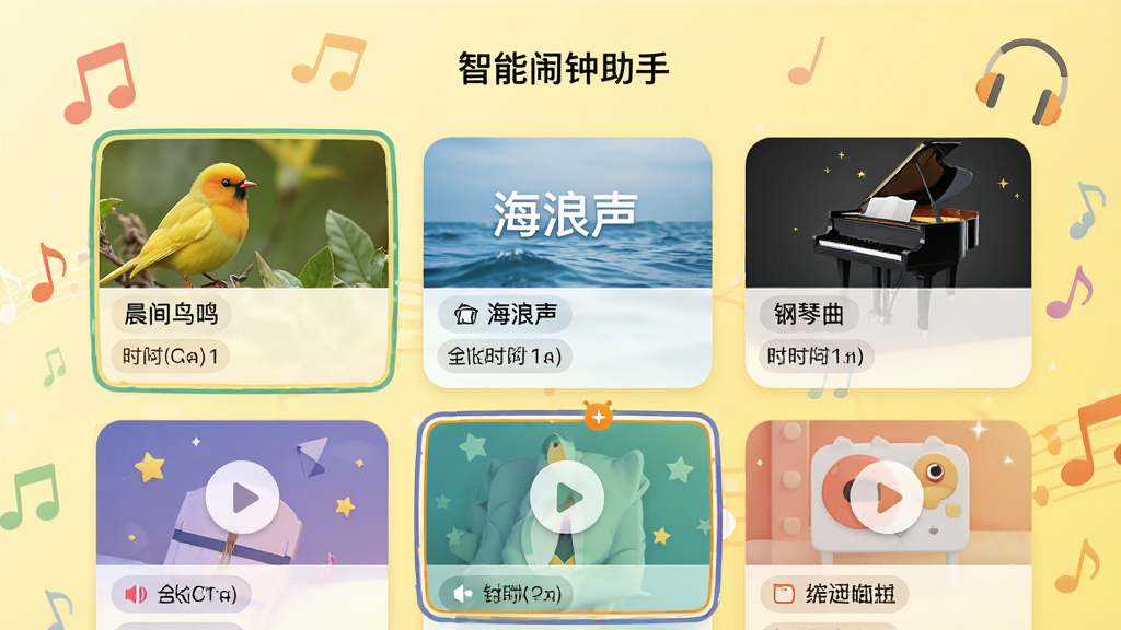 主体为智能闹钟助手的铃声选择界面,屏幕上排列着多个铃声卡片,有“晨间鸟鸣”、“海浪声”、“钢琴曲”等;布局为手机界面居中,背景为浅黄色渐变,有音符和耳机图标装饰;排版为网格布局,每个卡片有播放按钮;风格为活泼明快;细节包括每个铃声的时长标签、当前选中铃声的高亮边框,以及屏幕顶部的“智能闹钟助手”字样;画质为高清干净,无多余元素。