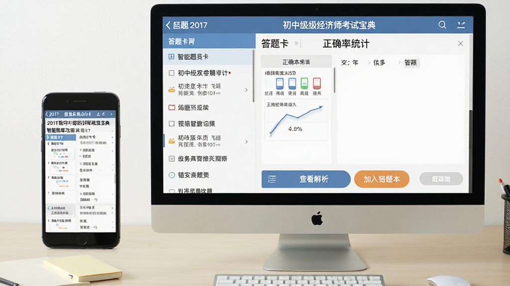 2017版初中级经济师考试宝典智能题库功能截图,画面展示手机或电脑上的做题界面,左侧是题目列表,右侧是答题区域,底部有“查看解析”“加入错题本”按钮,界面清晰展示答题卡和正确率统计,背景为浅色办公桌面,整体风格简约现代,布局合理,文字清晰,画质高清,干净无杂物