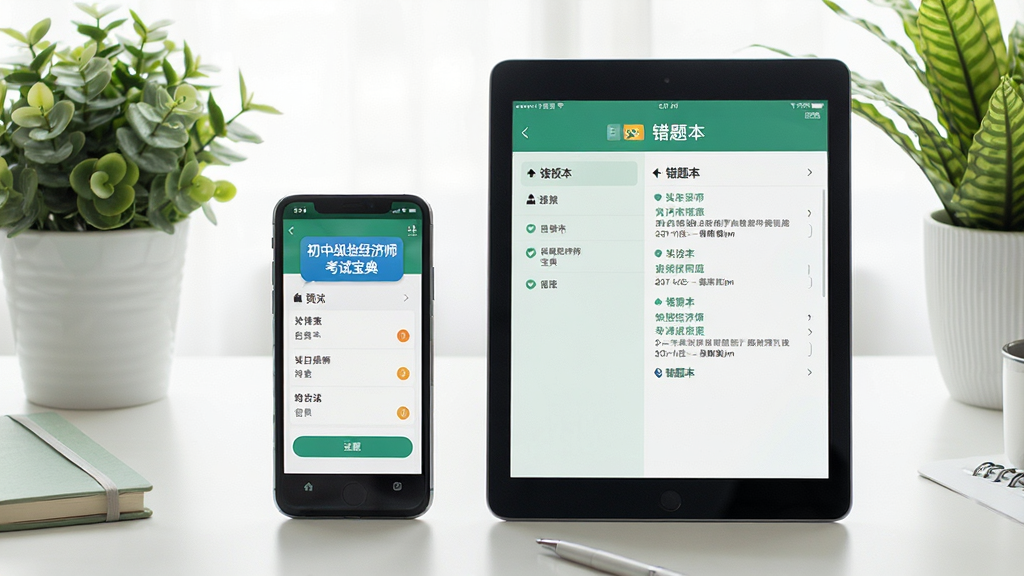 一张展示2017版初中级经济师考试宝典在手机和平板上的使用场景,画面中手机和平板并排摆放,屏幕中显示刷题界面和错题本界面,桌面整洁,周围有绿色植物,光线明亮柔和,风格清新自然,布局均衡,细节清晰,画质干净,无多余元素