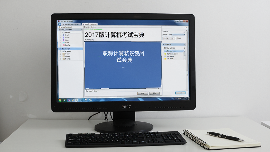 一张展示2017版职称计算机考试宝典在电脑上运行的照片,屏幕显示模拟考试界面,旁边放有笔记本和笔,桌面整洁,画质清晰,干净无多余元素。