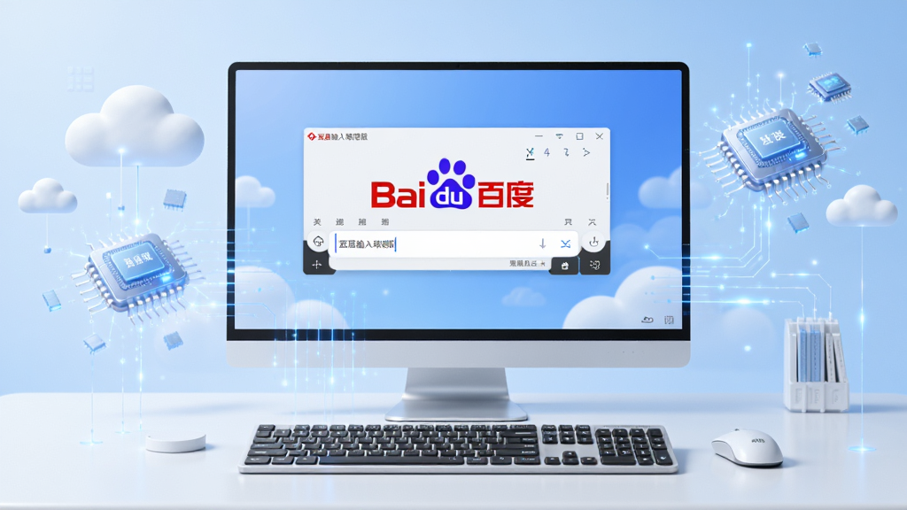主体为现代简约风格的电脑桌面,屏幕中央显示百度输入法 联想版的输入界面,键盘上带有“百度输入法 联想版”字样,背景为浅蓝色渐变,周围有云朵和智能芯片元素,整体布局干净,排版规整,风格科技感,细节丰富,画质高清,干净,无多余元素