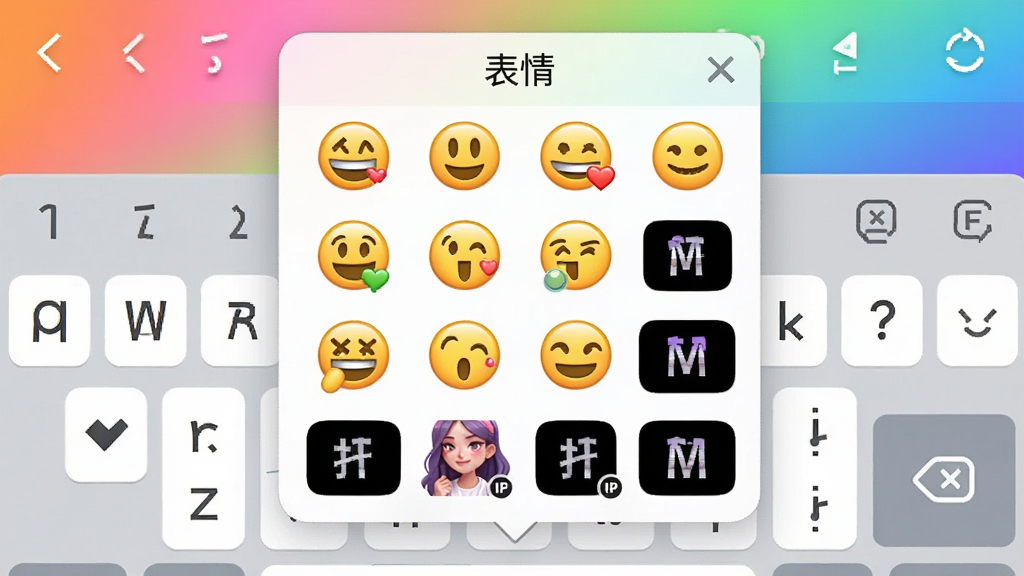 主体为输入法面板上弹出表情选择窗口,展示多种表情和GIF动图,背景为彩色渐变,布局活泼,排版灵活,风格卡通,细节有“表情”字样,画质高清,干净,无多余元素