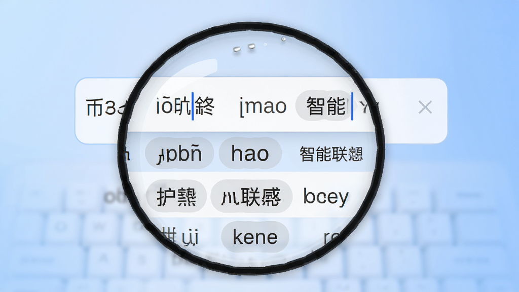 主体为放大的输入框特写,显示输入拼音后出现多个联想候选词,词条上标注“智能联想”字样,背景为柔和的蓝色渐变,布局居中,排版清晰,风格简洁,细节体现候选词丰富,画质高清,干净,无多余元素