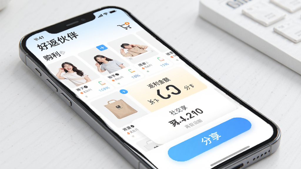 图片生成提示词:好返伙伴app主界面,展示购物返利与社交分享功能,主体为手机屏幕界面,包含商品列表、返利金额显示和分享按钮,布局清晰简洁,排版现代,风格明亮清新,细节丰富,画质高清,干净无多余元素