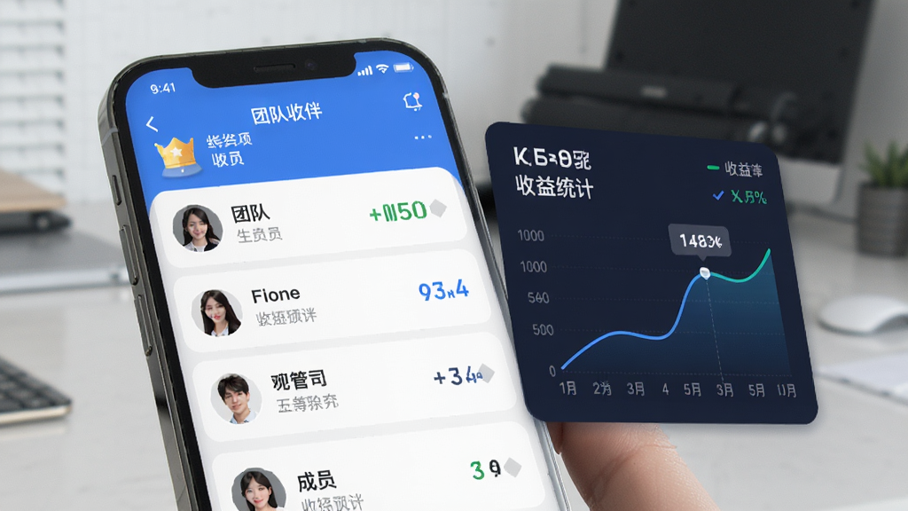 图片生成提示词:好返伙伴app团队收益页面,主体为手机屏幕显示成员列表和收益统计图表,布局层次分明,排版专业,风格商务,细节包括团队等级图标和收益曲线,画质高清,干净无多余元素