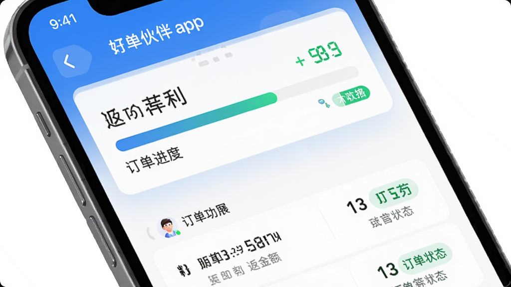 图片生成提示词:好返伙伴app订单追踪功能,主体为手机屏幕展示返利进度条和订单列表,布局简洁直观,排版清晰,风格科技感,细节包括返利金额数字和订单状态标签,画质高清,干净无多余元素