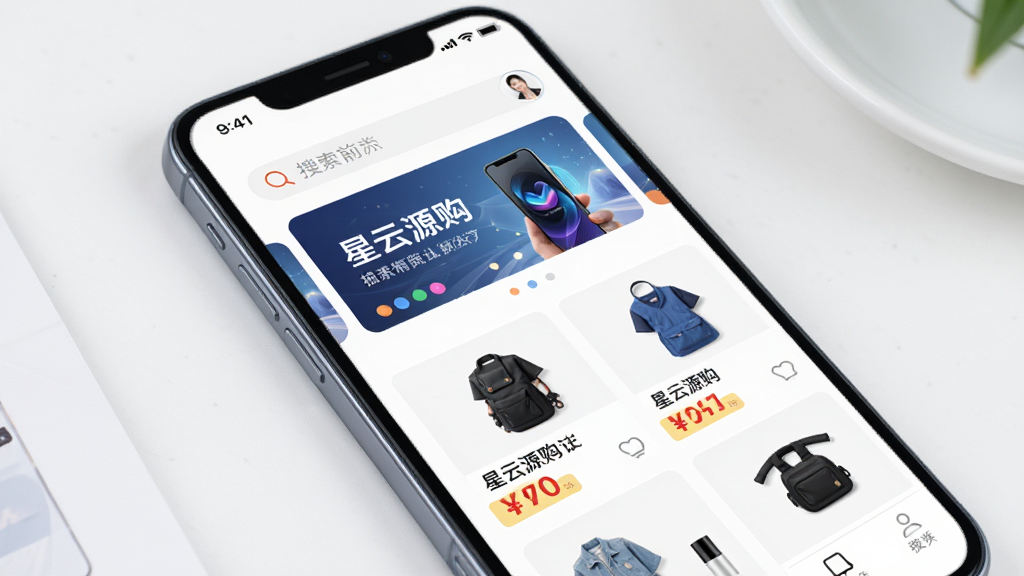 主体为一部亮屏的智能手机,屏幕上展示“星云源购”购物APP首页,页面布局清晰,顶部搜索栏,中部Banner轮播图,下方商品瀑布流,商品图片精美,价格标签醒目。整体排版现代简约,风格明亮清新,细节丰富,画质高清,干净无多余元素,突出购物平台的便捷与丰富。