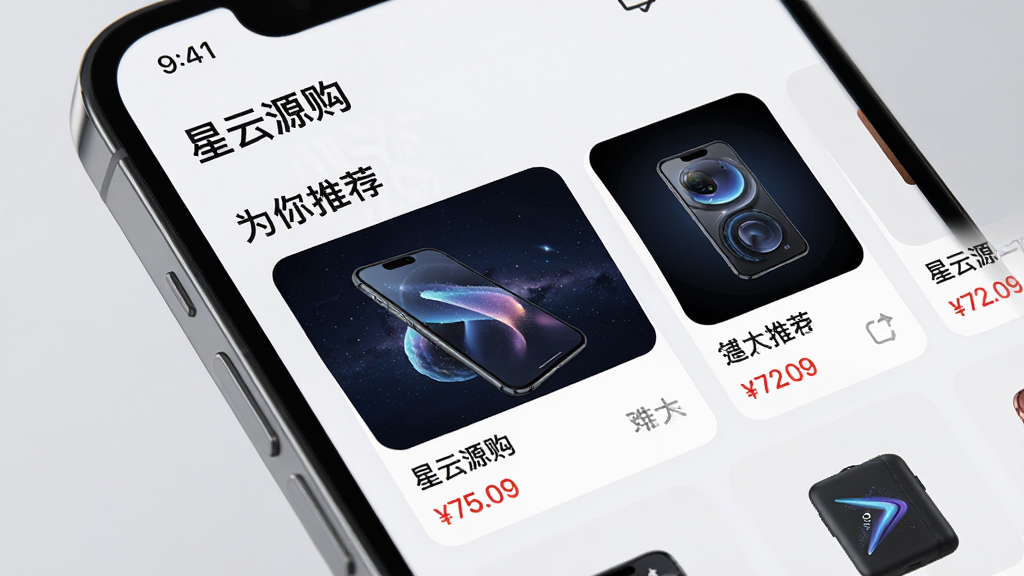 主体为手机屏幕特写,屏幕上显示“星云源购”APP的“为你推荐”板块,商品卡片布局整齐,每张卡片包含商品图、名称和价格,背景为柔和的浅灰色,风格清爽,细节丰富,画质高清,干净无多余元素,突出智能推荐的精准与便捷。