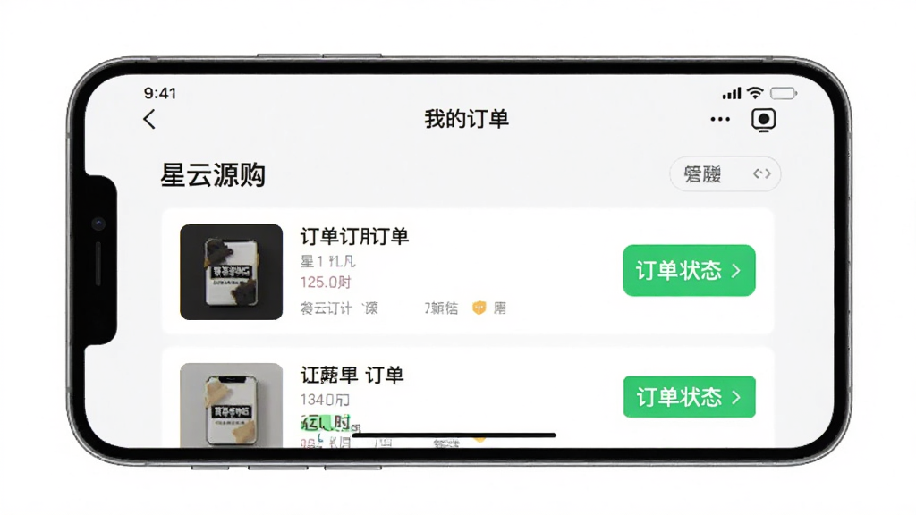主体为手机横屏展示“星云源购”APP的“我的订单”页面,页面布局清晰,订单列表包含商品缩略图、订单状态按钮,背景为纯白色,风格简洁,细节丰富,画质高清,干净无多余元素,突出移动端管理的便捷。