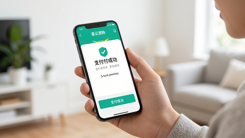 主体为一位用户手持手机正在“星云源购”APP上完成支付操作,手机屏幕显示支付成功页面,背景为简洁的室内环境,风格写实,色彩明亮,细节丰富,画质高清,干净无多余元素,突出支付的安全与快捷。