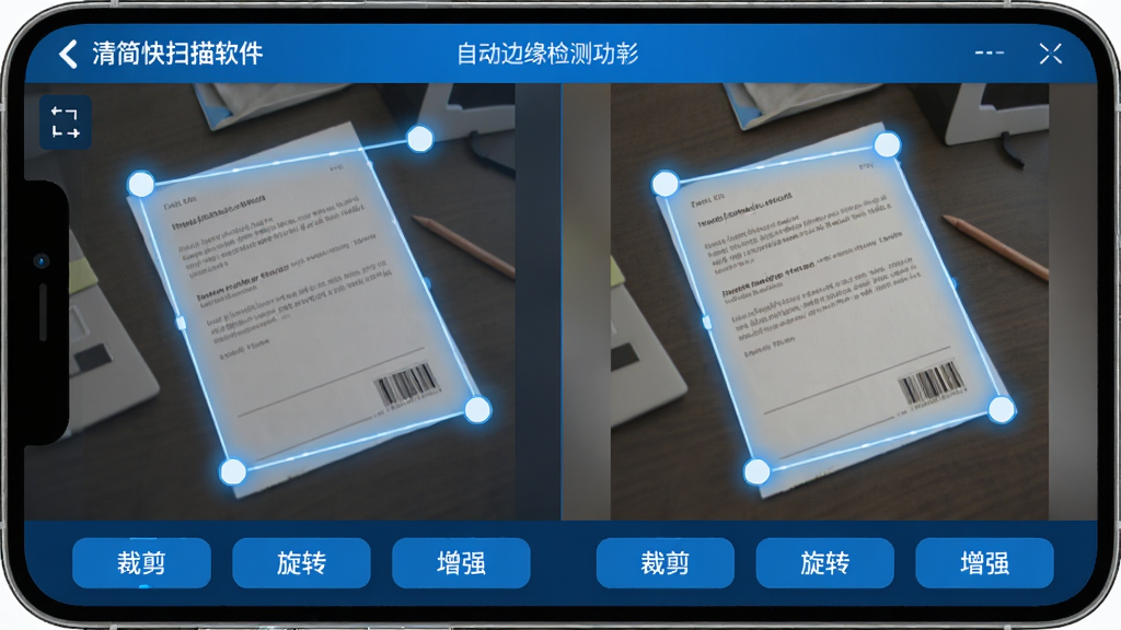 ���壺����ɨ���������н��棬չʾ�Զ���Ե��⹦�ܣ���Ļ��һ����б��ֽ���ĵ���������ѡ�У��������ĸ����϶���ê�㡣���֣��ֻ�����ռ�����棬�����ʾԭͼ���Ҳ���ʾ�������Ԥ��Ч�����Ű棺�Ա�ʽ���֣�����ֱ�ۡ���񣺿Ƽ��У���ɫ����ɫ����ϸ�ڣ����水ť���С��ü�������ת������ǿ�������ֱ�ǩ�����ʣ����壬�ɾ����޶���Ԫ��