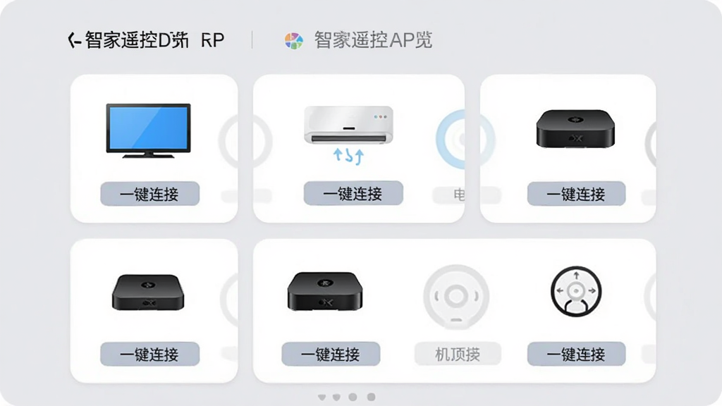 智家遥控APP万能遥控功能预览图,界面显示电视、空调、机顶盒等多个设备图标,每个图标下方有“一键连接”按钮,背景为浅灰色,采用卡片式布局,风格简洁现代,画质清晰干净。