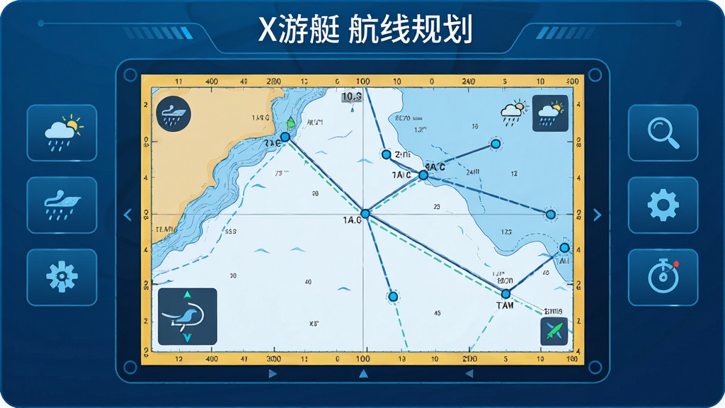 一张航海导航界面的插图,主体是电子海图,上面标有航线、航点和当前位置,布局以海图为中心,周围有简洁的功能按钮,风格科技感、蓝色调为主,细节包括气象图标和距离标注,画质清晰、干净无多余元素,图片上可加文字“X游艇 航线规划”