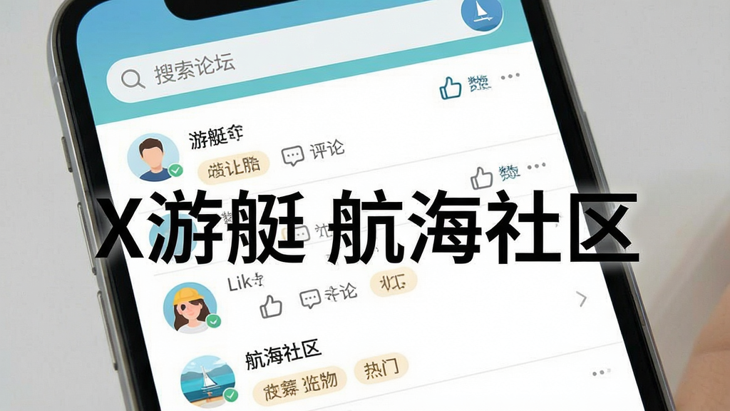 一张社区论坛界面的示意图,主体是手机屏幕上的帖子列表和用户头像,布局以列表为主,顶部有搜索栏,风格简洁清新,细节包括点赞评论按钮和热门标签,画质清晰、干净无多余元素,图片上可加文字“X游艇 航海社区”
