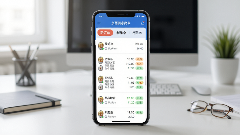 主体为京西到家商家版订单管理界面,手机屏幕显示订单列表,包含顾客昵称、商品数量、配送地址和状态标签,顶部有“新订单”“制作中”“待配送”分类标签,背景为简洁的办公室桌面,布局居中,排版清晰,风格写实,细节真实,画质高清,干净,无多余元素